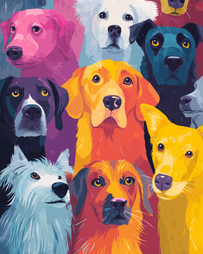 Peinture par numéro adulte La Bande de Chiens, visuel complet du design sur toile, Maison Artsen