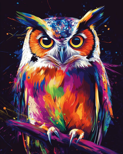 Peinture par numéro adulte Hibou Arc-en-ciel, visuel complet du design sur toile, Maison Artsen