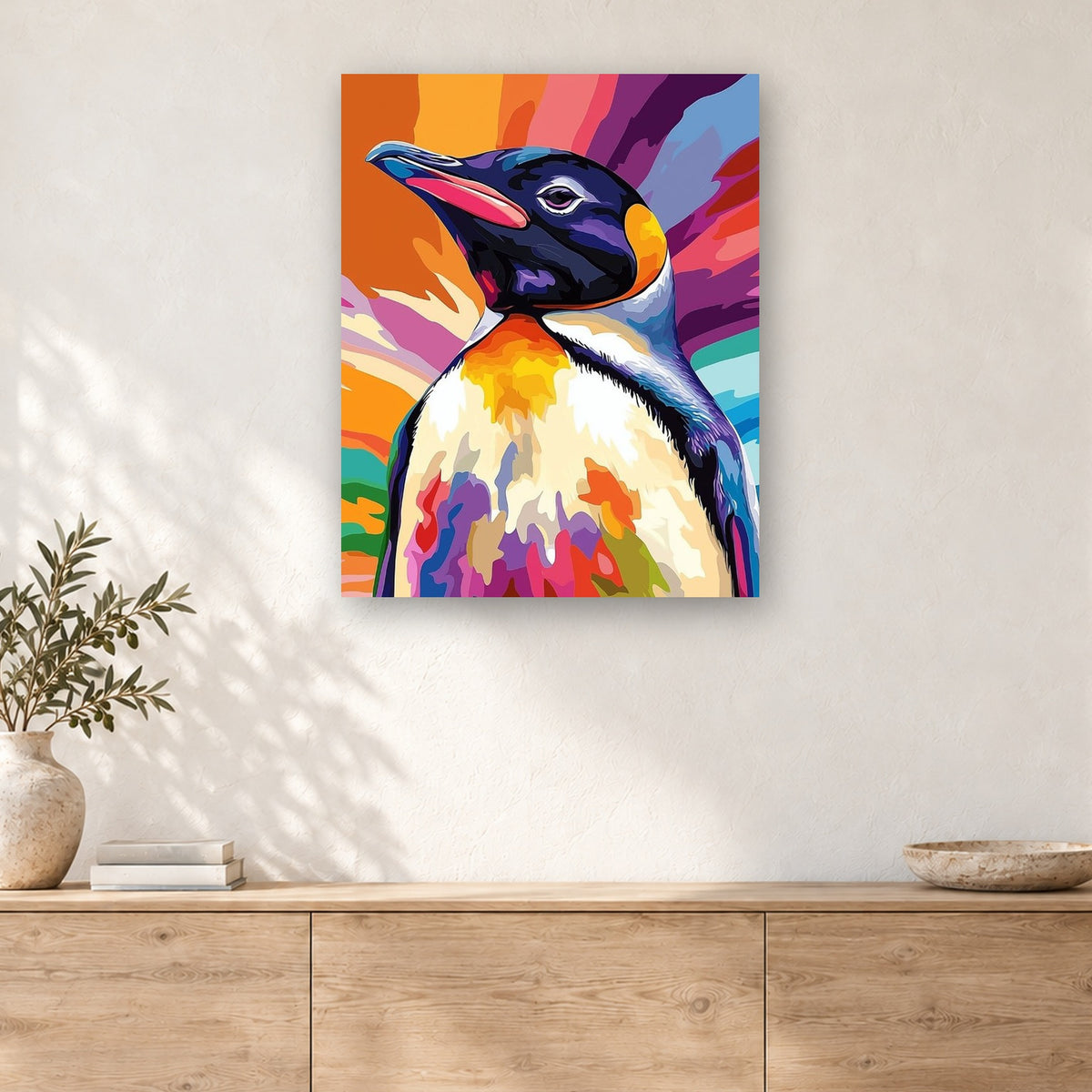 Tableau peinture par numéro Manchot aux Mille Couleurs accroché dans un intérieur décoré, Maison Artsen