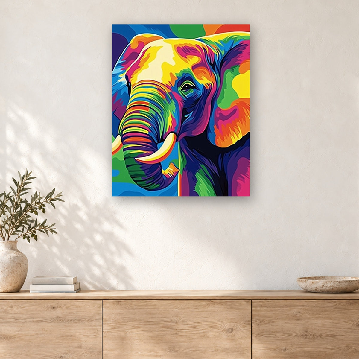 Tableau peinture par numéro Éléphant Mosaïque accroché dans un intérieur décoré, Maison Artsen