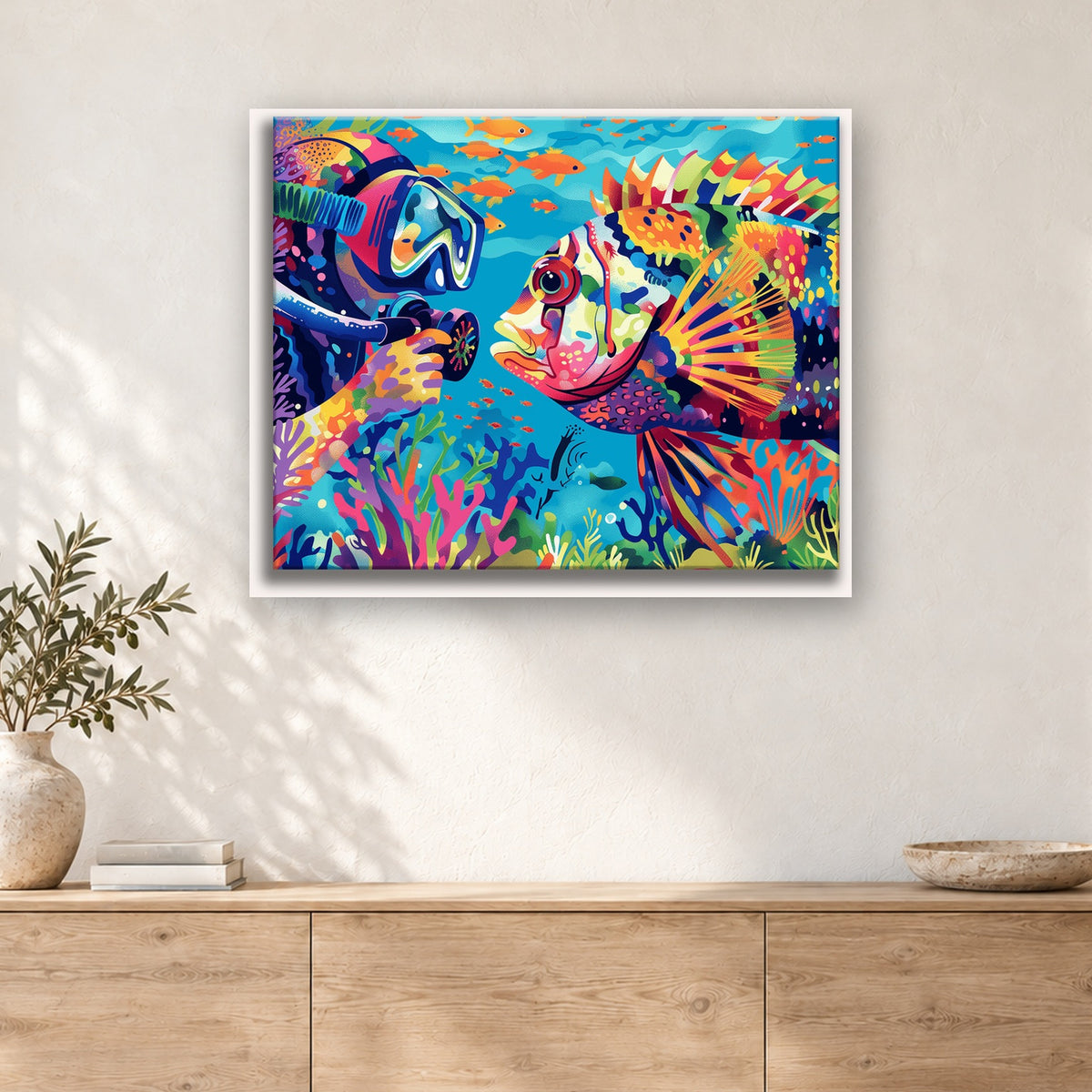Tableau peinture par numéro Rencontre sous la Mer accroché dans un intérieur décoré, Maison Artsen