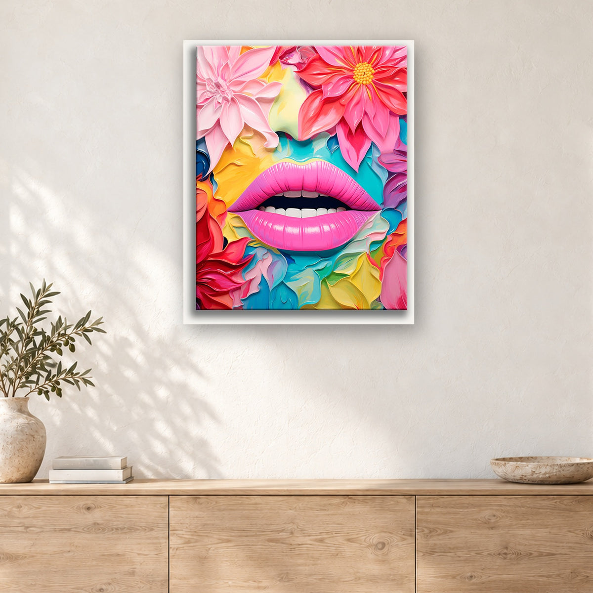 Tableau peinture par numéro Bouche en Pétales accroché dans un intérieur décoré, Maison Artsen
