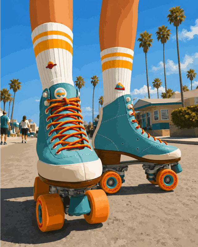 Peinture par numéro adulte Patins sous les Palmiers, visuel complet du design sur toile, Maison Artsen