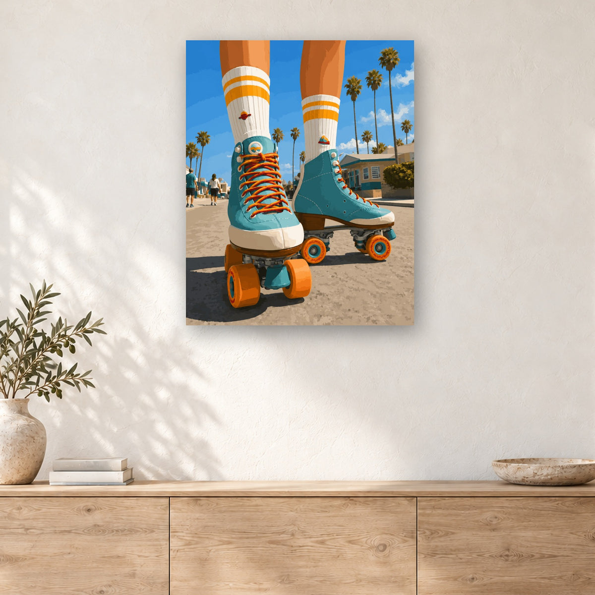 Tableau peinture par numéro Patins sous les Palmiers accroché dans un intérieur décoré, Maison Artsen