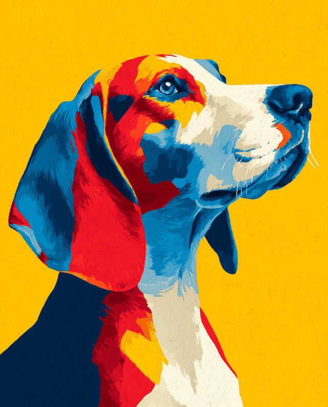 Peinture par numéro adulte Beagle sur Fond Jaune, visuel complet du design sur toile, Maison Artsen