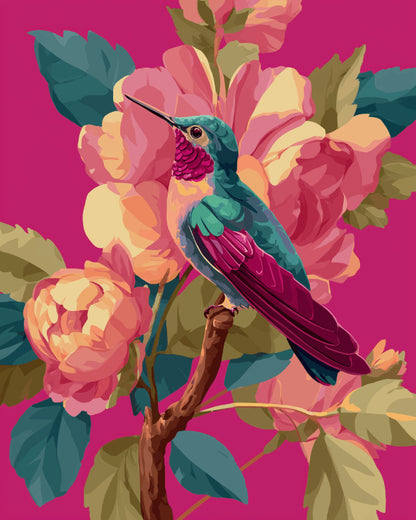 Peinture par numéro adulte Colibri parmi les Pivoines, visuel complet du design sur toile, Maison Artsen