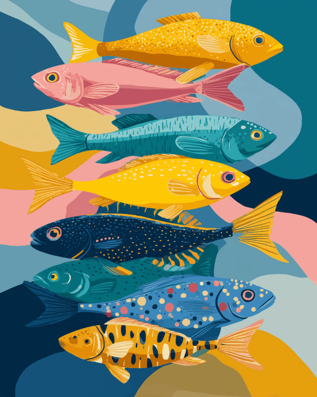 Peinture par numéro adulte Poissons en Farandole, visuel complet du design sur toile, Maison Artsen