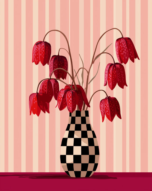 Peinture par numéro adulte Fritillaires au Vase Damier, visuel complet du design sur toile, Maison Artsen