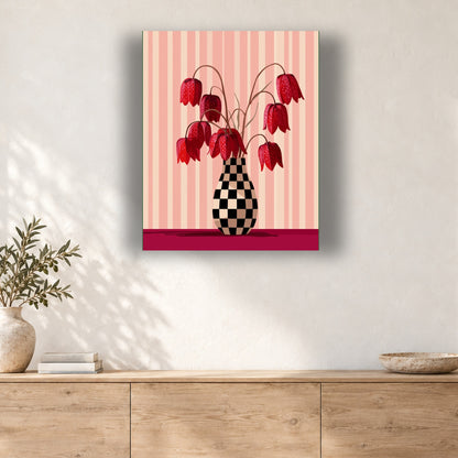 Tableau peinture par numéro Fritillaires au Vase Damier accroché dans un intérieur décoré, Maison Artsen