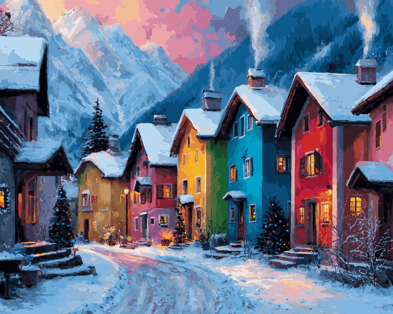 Peinture par numéro adulte Maisons Colorées des Alpes, visuel complet du design sur toile, Maison Artsen
