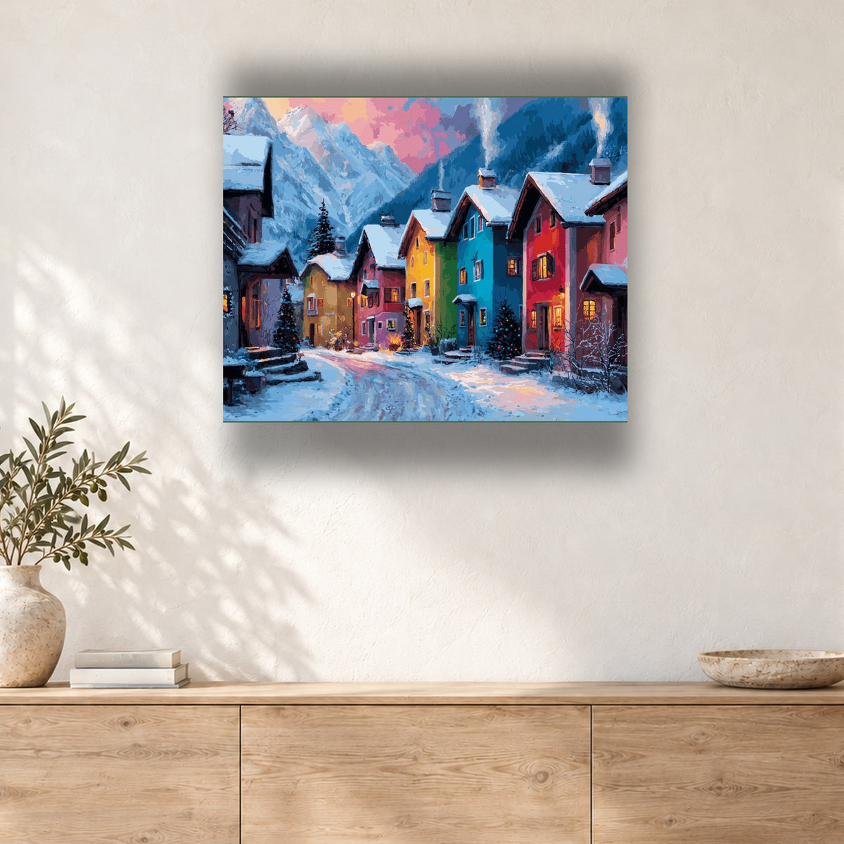 Tableau peinture par numéro Maisons Colorées des Alpes accroché dans un intérieur décoré, Maison Artsen