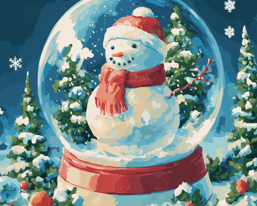 Peinture par numéro adulte Bonhomme en Boule à Neige, visuel complet du design sur toile, Maison Artsen