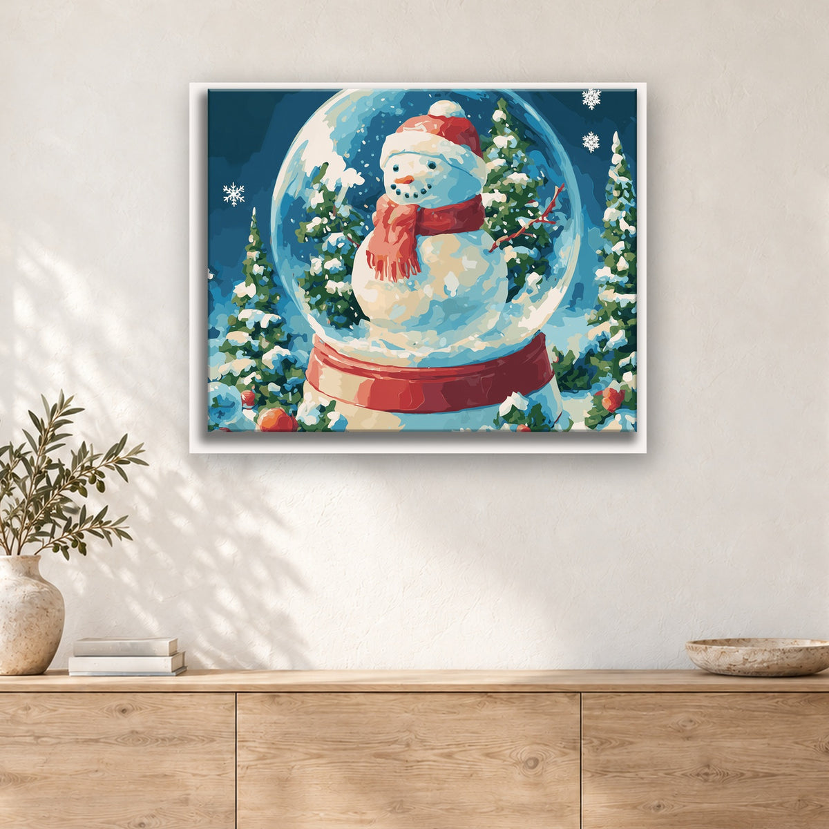 Tableau peinture par numéro Bonhomme en Boule à Neige accroché dans un intérieur décoré, Maison Artsen