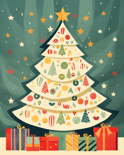 Peinture par numéro adulte Sapin aux Mille Motifs, visuel complet du design sur toile, Maison Artsen