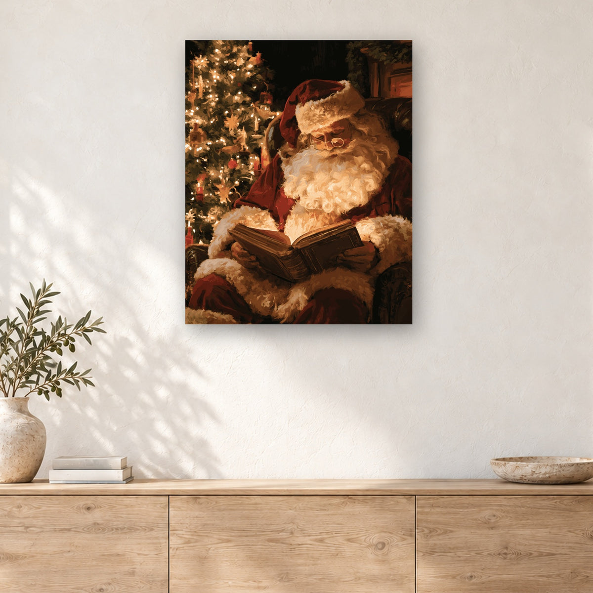 Tableau peinture par numéro Le Père Noël Raconte accroché dans un intérieur décoré, Maison Artsen