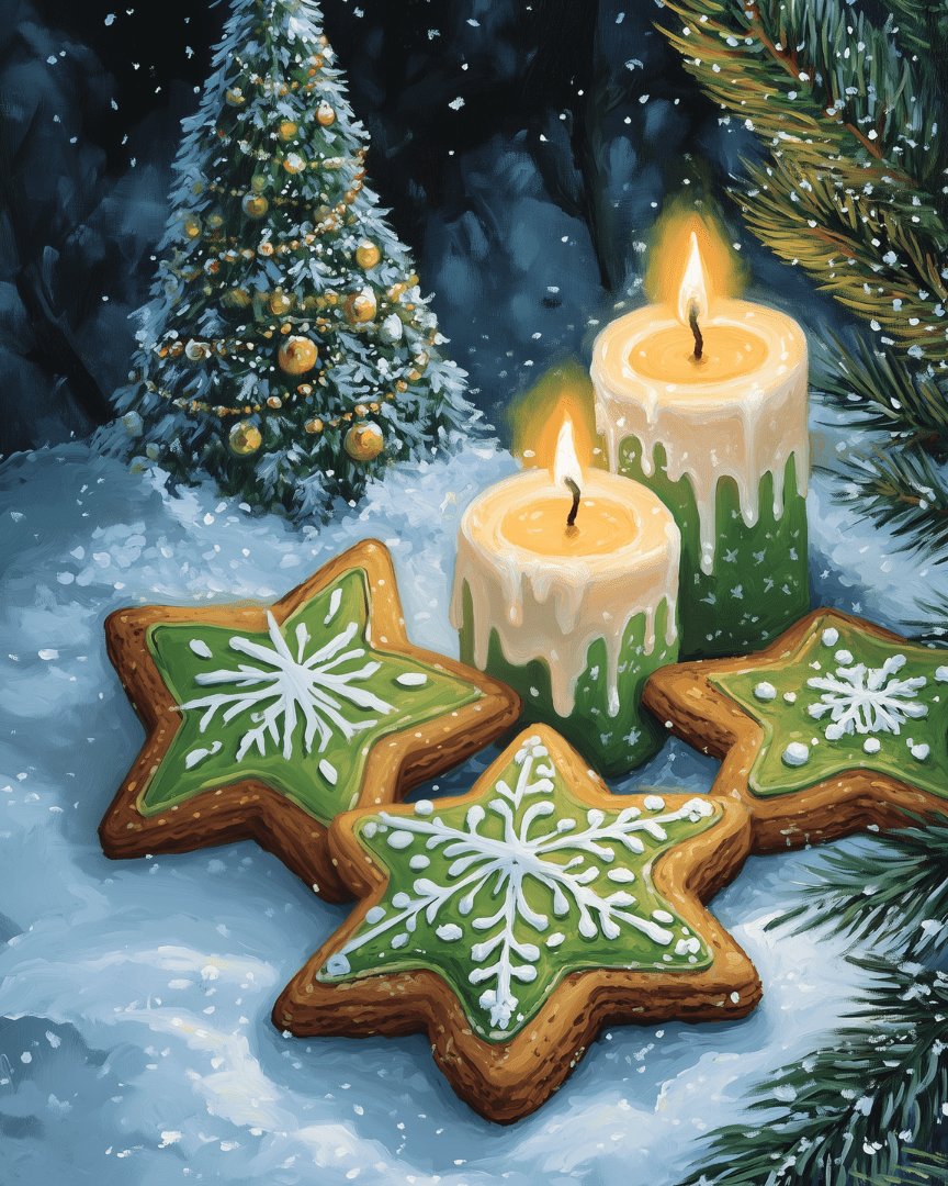 Peinture par numéro adulte Biscuits Étoilés aux Bougies, visuel complet du design sur toile, Maison Artsen