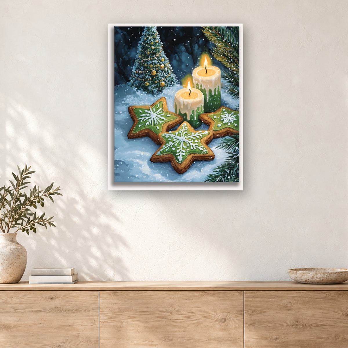 Tableau peinture par numéro Biscuits Étoilés aux Bougies accroché dans un intérieur décoré, Maison Artsen
