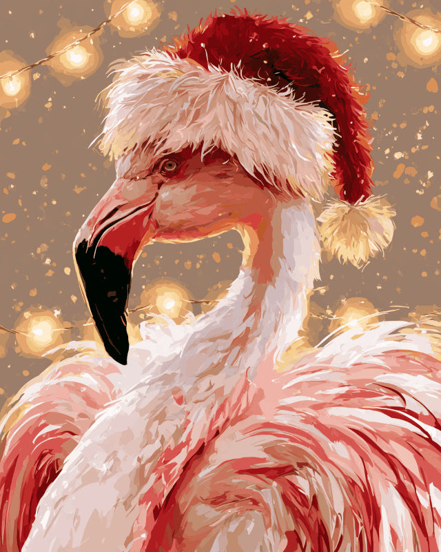 Peinture par numéro adulte Flamant Rose de Noël, visuel complet du design sur toile, Maison Artsen