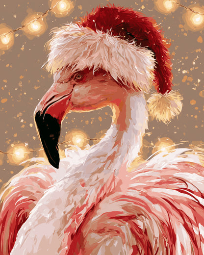 Peinture par numéro adulte Flamant Rose de Noël, visuel complet du design sur toile, Maison Artsen