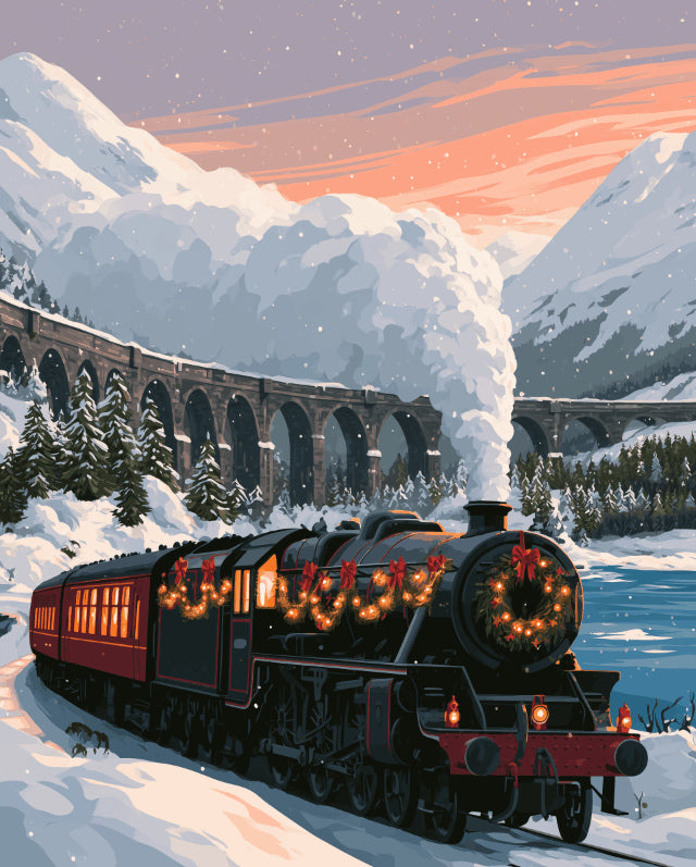 Peinture par numéro adulte Train à Vapeur de Noël, visuel complet du design sur toile, Maison Artsen