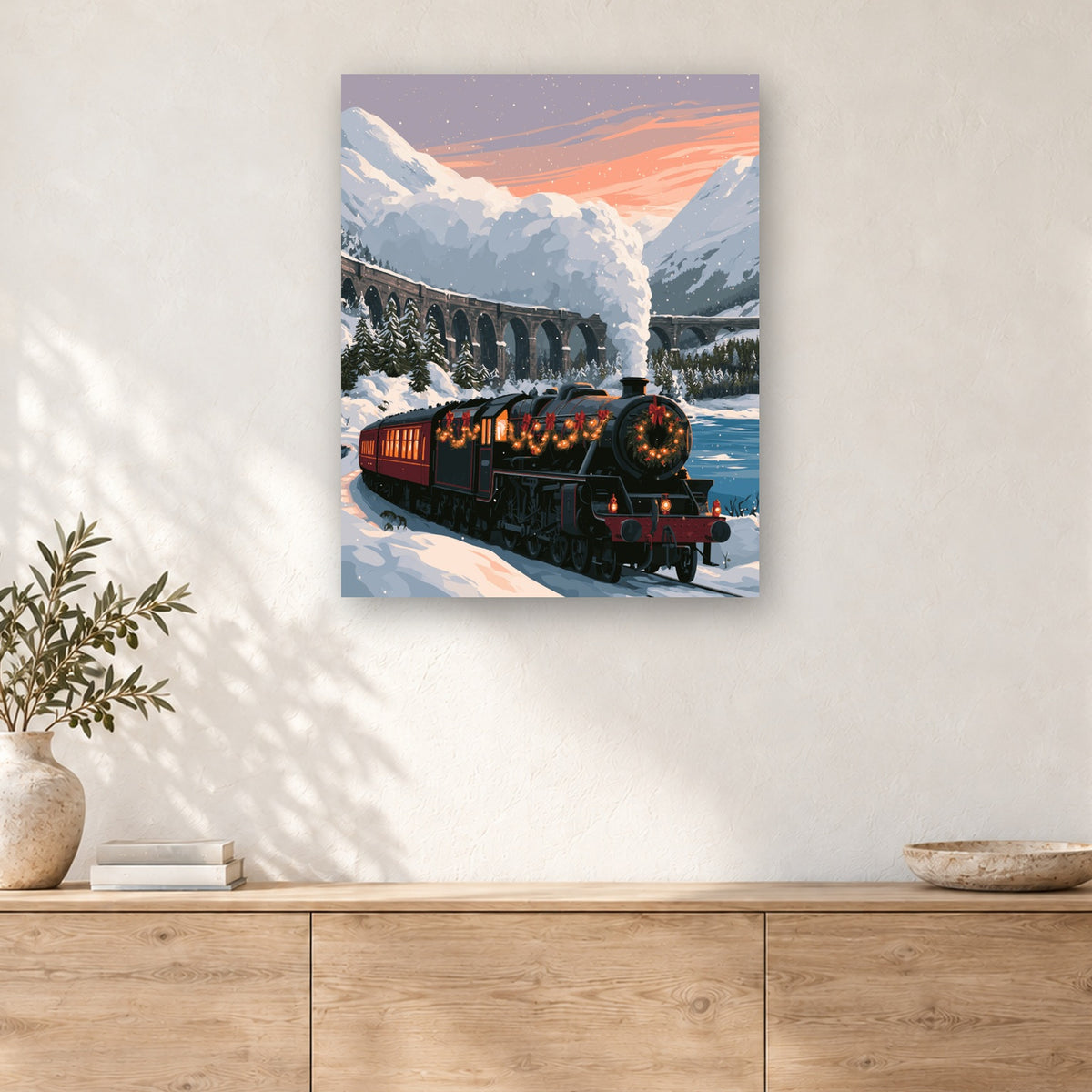 Tableau peinture par numéro Train à Vapeur de Noël accroché dans un intérieur décoré, Maison Artsen