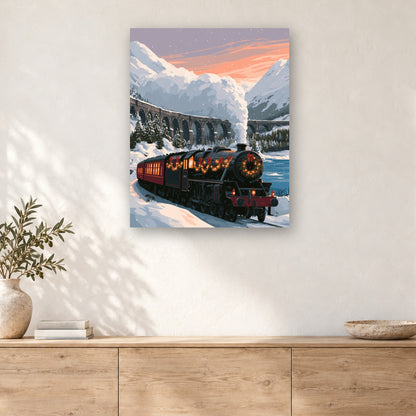 Tableau peinture par numéro Train à Vapeur de Noël accroché dans un intérieur décoré, Maison Artsen