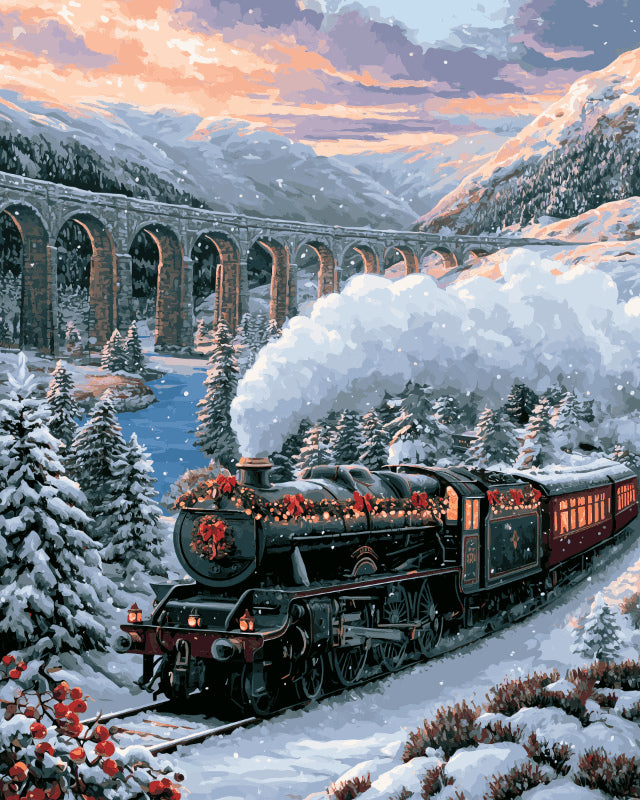 Peinture par numéro adulte Locomotive dans la Vallée Enneigée, visuel complet du design sur toile, Maison Artsen