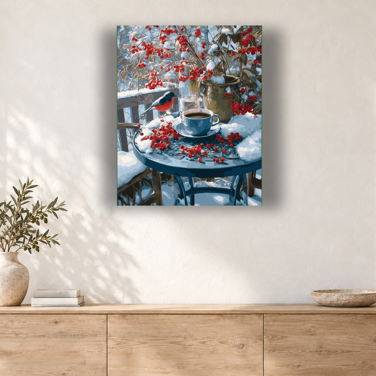 Tableau peinture par numéro Café au Balcon Enneigé accroché dans un intérieur décoré, Maison Artsen