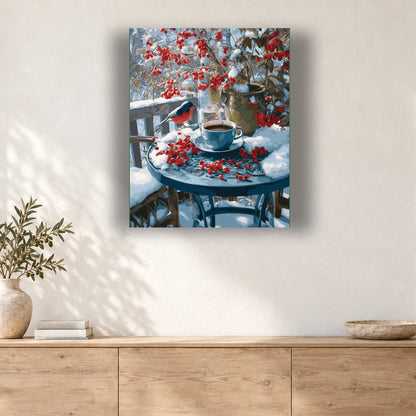 Tableau peinture par numéro Café au Balcon Enneigé accroché dans un intérieur décoré, Maison Artsen