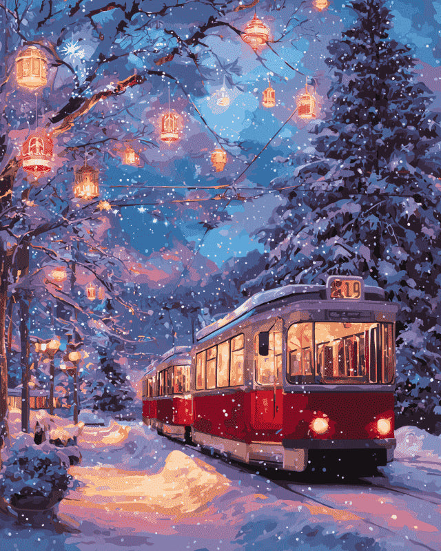 Peinture par numéro adulte Tramway Rouge sous la Neige, visuel complet du design sur toile, Maison Artsen