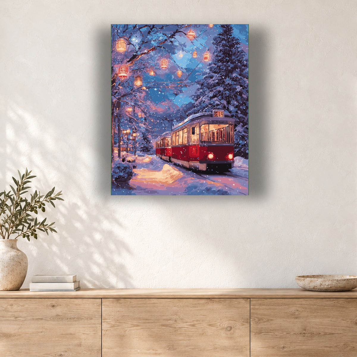 Tableau peinture par numéro Tramway Rouge sous la Neige accroché dans un intérieur décoré, Maison Artsen