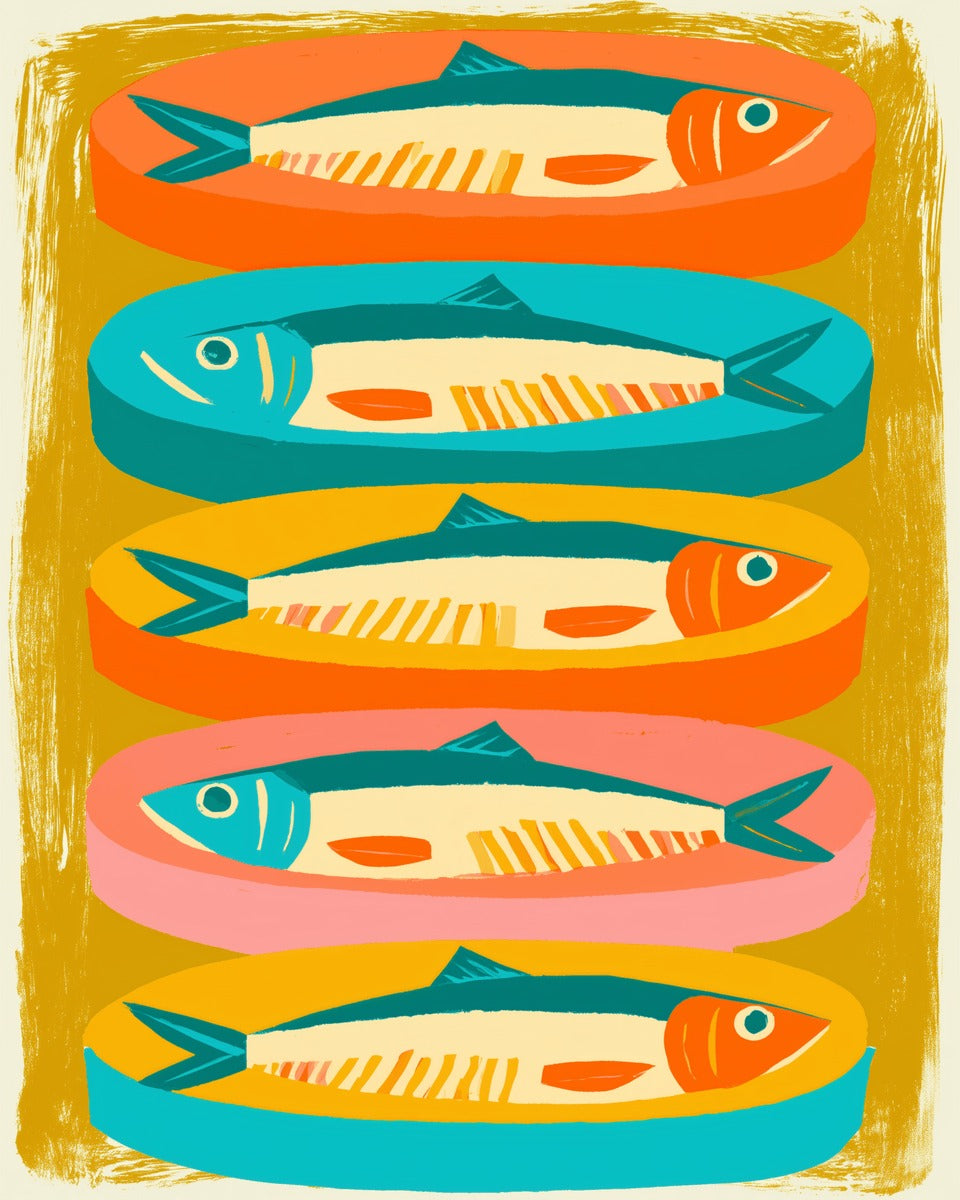 Peinture par numéro adulte Sardines Colorées, visuel complet du design sur toile, Maison Artsen