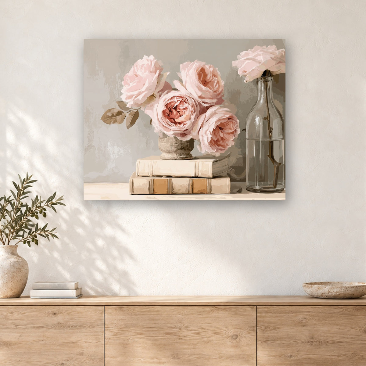 Tableau peinture par numéro Roses sur les Vieux Livres accroché dans un intérieur décoré, Maison Artsen