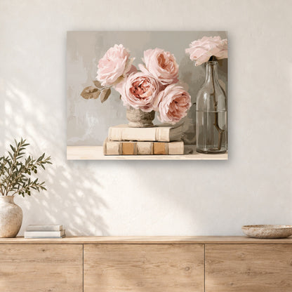Tableau peinture par numéro Roses sur les Vieux Livres accroché dans un intérieur décoré, Maison Artsen