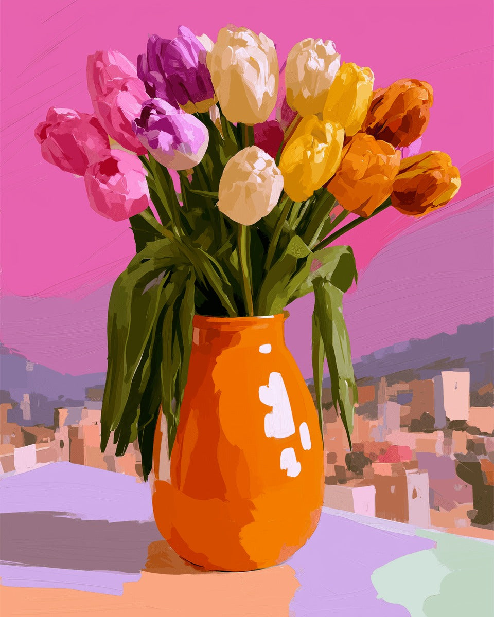 Peinture par numéro adulte Tulipes au Vase Orange, visuel complet du design sur toile, Maison Artsen