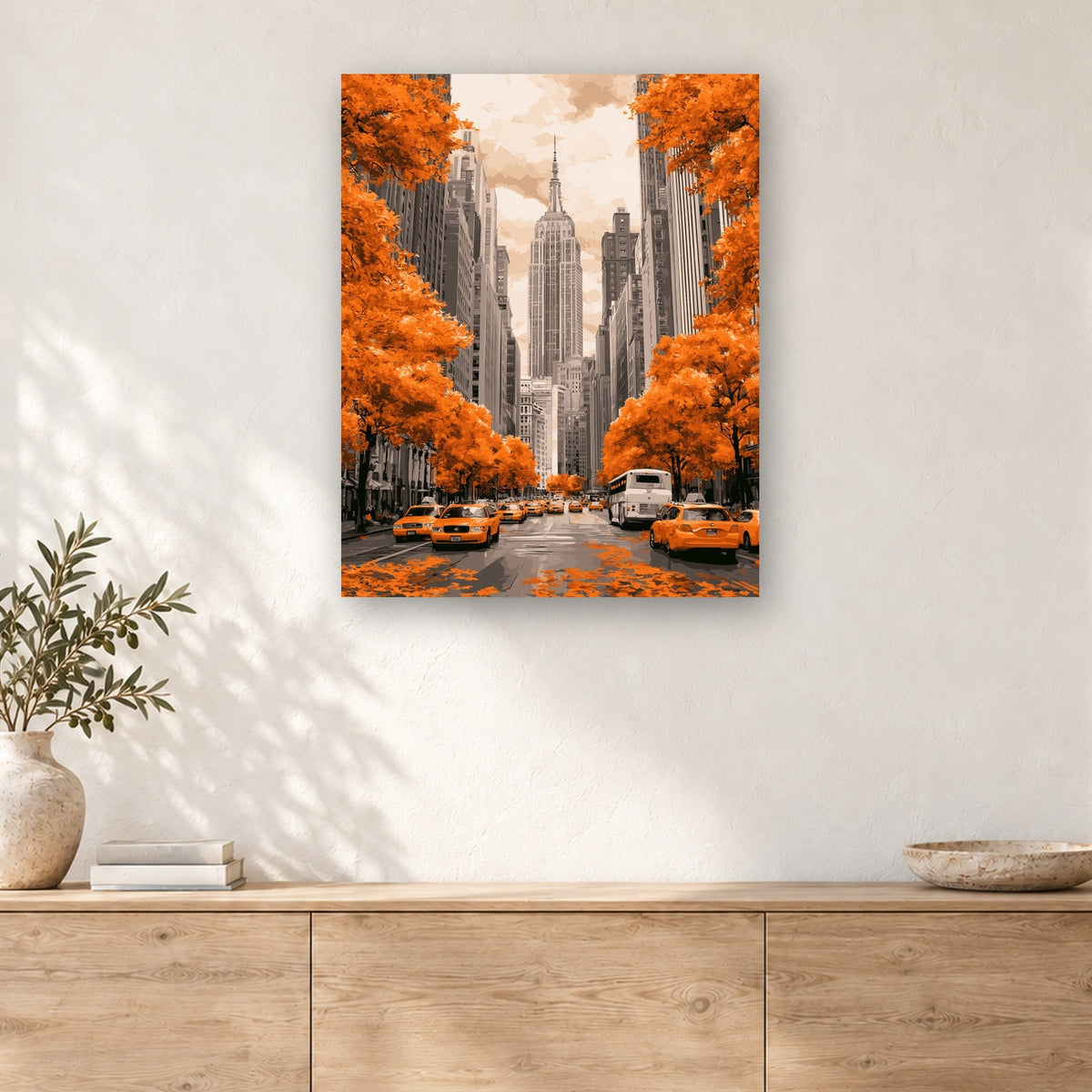 Tableau peinture par numéro Rue d'Automne à Manhattan accroché dans un intérieur décoré, Maison Artsen