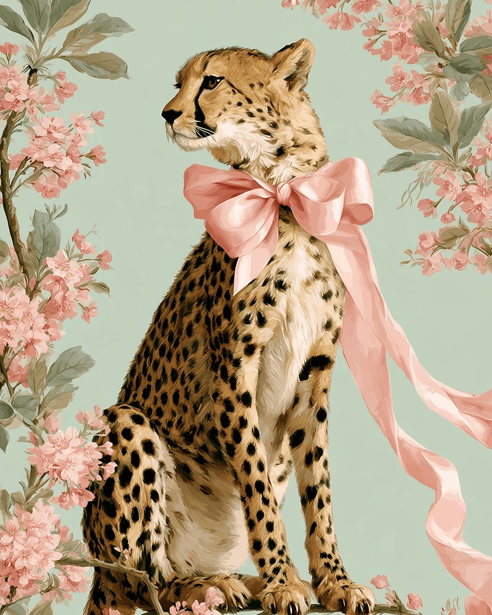 Peinture par numéro adulte Guépard au Ruban Rose, visuel complet du design sur toile, Maison Artsen