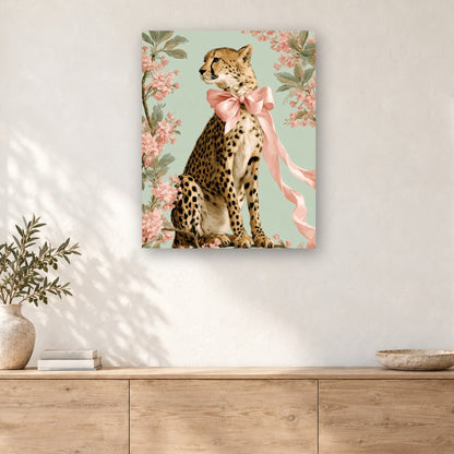 Tableau peinture par numéro Guépard au Ruban Rose accroché dans un intérieur décoré, Maison Artsen