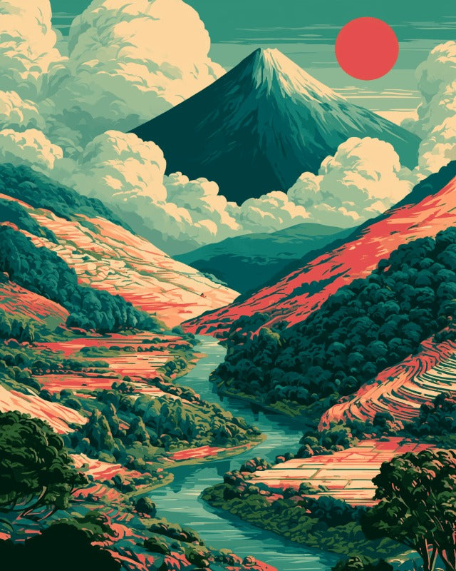 Peinture par numéro adulte Vallée Japonaise, visuel complet du design sur toile, Maison Artsen