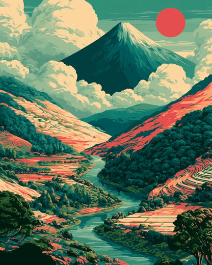 Peinture par numéro adulte Vallée Japonaise, visuel complet du design sur toile, Maison Artsen
