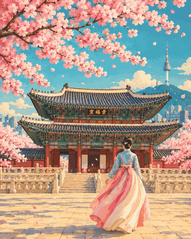 Peinture par numéro adulte Printemps à Gyeongbokgung, visuel complet du design sur toile, Maison Artsen