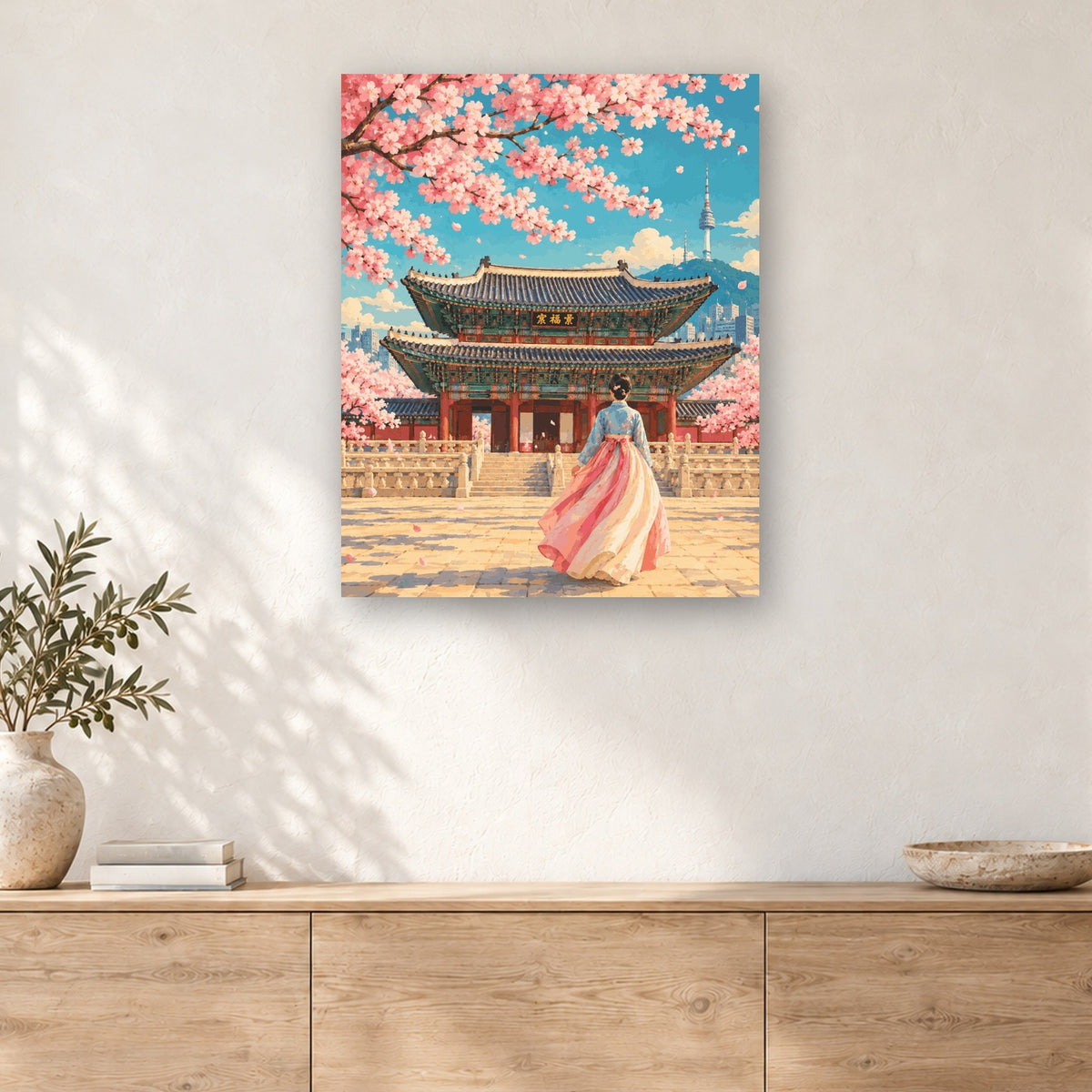 Tableau peinture par numéro Printemps à Gyeongbokgung accroché dans un intérieur décoré, Maison Artsen