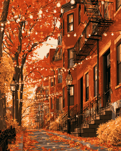 Peinture par numéro Façades de Brooklyn en Automne, a plat — Maison Artsen
