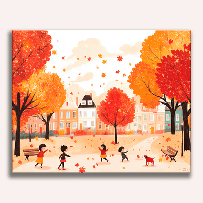 Peinture par numéro adulte Jeux dans les Feuilles, visuel complet du design sur toile, Maison Artsen