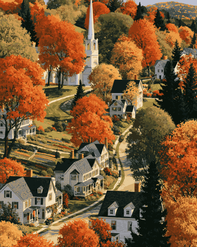 Peinture par numéro Village de Nouvelle-Angleterre, a plat — Maison Artsen