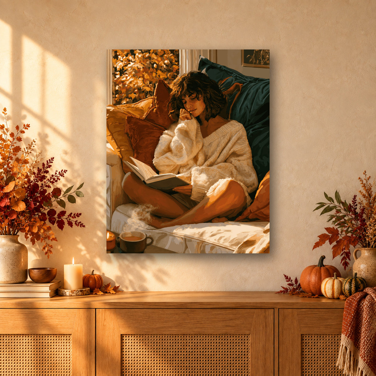 Tableau peinture par numéro Lecture en Gros Pull accroché dans un intérieur décoré, Maison Artsen