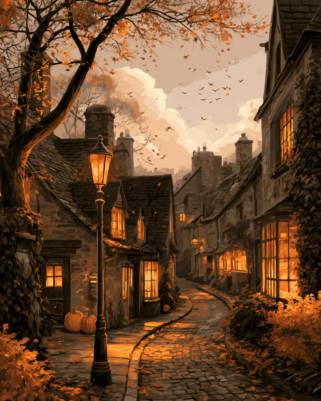 Peinture par numéro adulte Ruelle du Vieux Village, visuel complet du design sur toile, Maison Artsen
