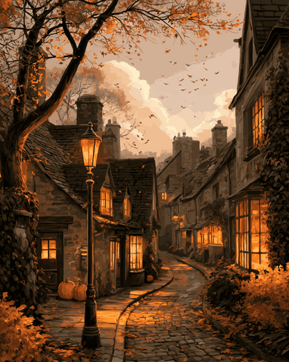Peinture par numéro adulte Ruelle du Vieux Village, visuel complet du design sur toile, Maison Artsen