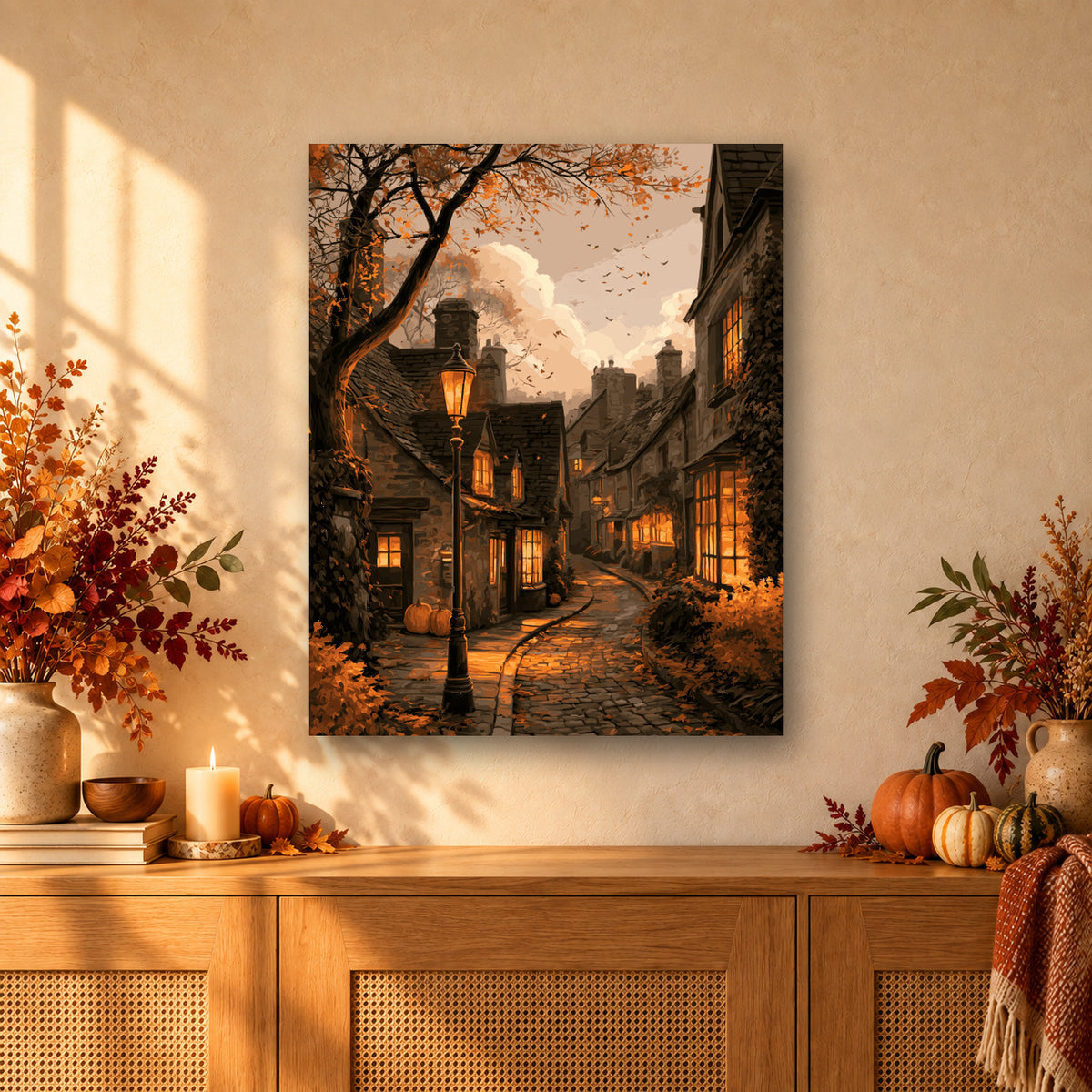 Tableau peinture par numéro Ruelle du Vieux Village accroché dans un intérieur décoré, Maison Artsen