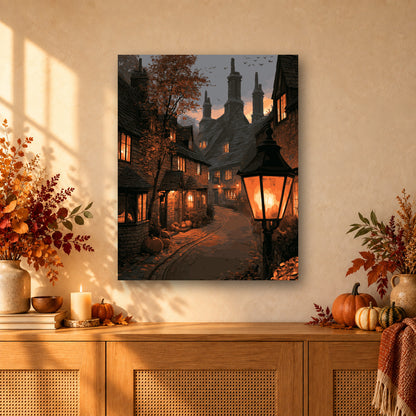 Tableau peinture par numéro Village aux Lanternes accroché dans un intérieur décoré, Maison Artsen